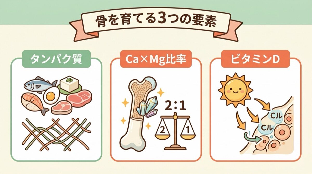 プロテインだけじゃ足りない?骨を育てる3つの要素(筋肉の材料タンパク質・骨のコンクリートCaMg比率・吸収スイッチビタミンD)インフォグラフィック図解