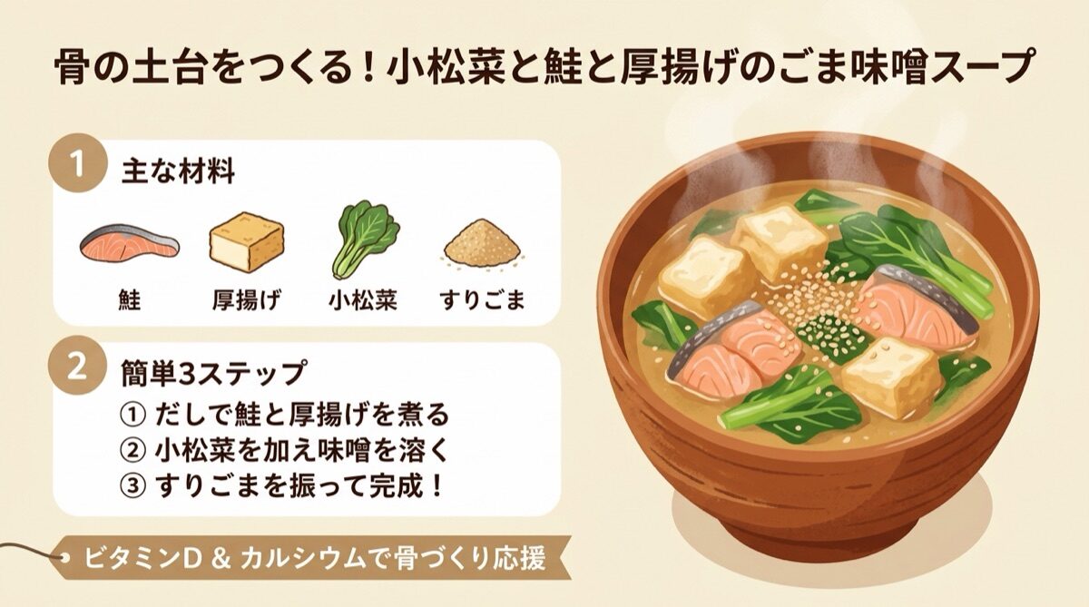 成長期の身長を支える！小松菜と鮭と厚揚げのごま味噌スープ（主な材料・簡単3ステップ作り方・ビタミンD＆カルシウムで成長期を応援）フードイラスト図解