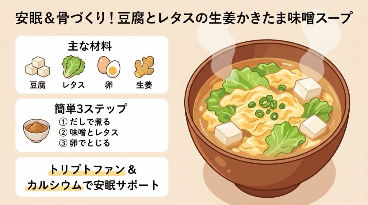 安眠＆骨づくり！豆腐とレタスの生姜かきたま味噌スープ（主な材料・簡単3ステップ作り方・トリプトファン＆カルシウムで安眠サポート）フードイラスト図解