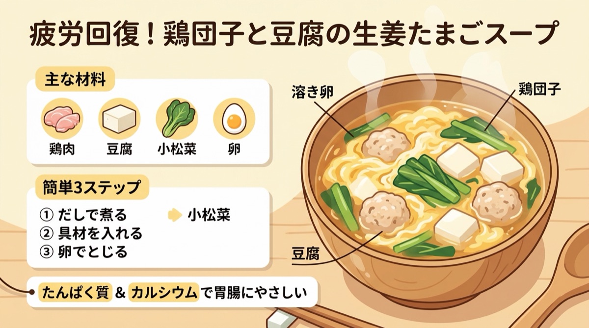 疲労回復!鶏団子と豆腐の生姜たまごスープ(材料・3ステップ作り方・たんぱく質&カルシウム補給)フードイラスト図解