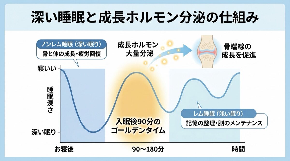 深い睡眠と成長ホルモン分泌の仕組み（入眠後90分のゴールデンタイム・成長ホルモン大量分泌・骨端線の成長促進・ノンレム睡眠とレム睡眠）インフォグラフィック図解
