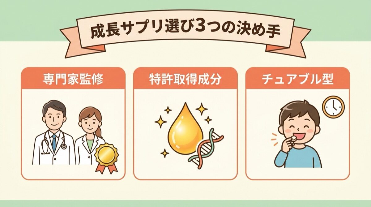 毎日の継続がカギ!成長サプリ選び3つの決め手(専門家監修栄養機能食品・特許取得成分の配合・手軽なチュアブル型)インフォグラフィック図解